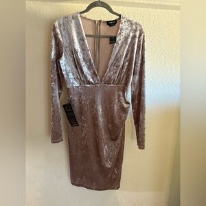 Bebe Silver Tan Crushed Velvet  Long Sleeve Plunge Bodycon Dress